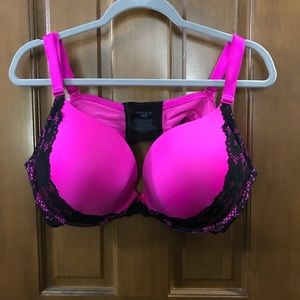 Pink and black lace bra
